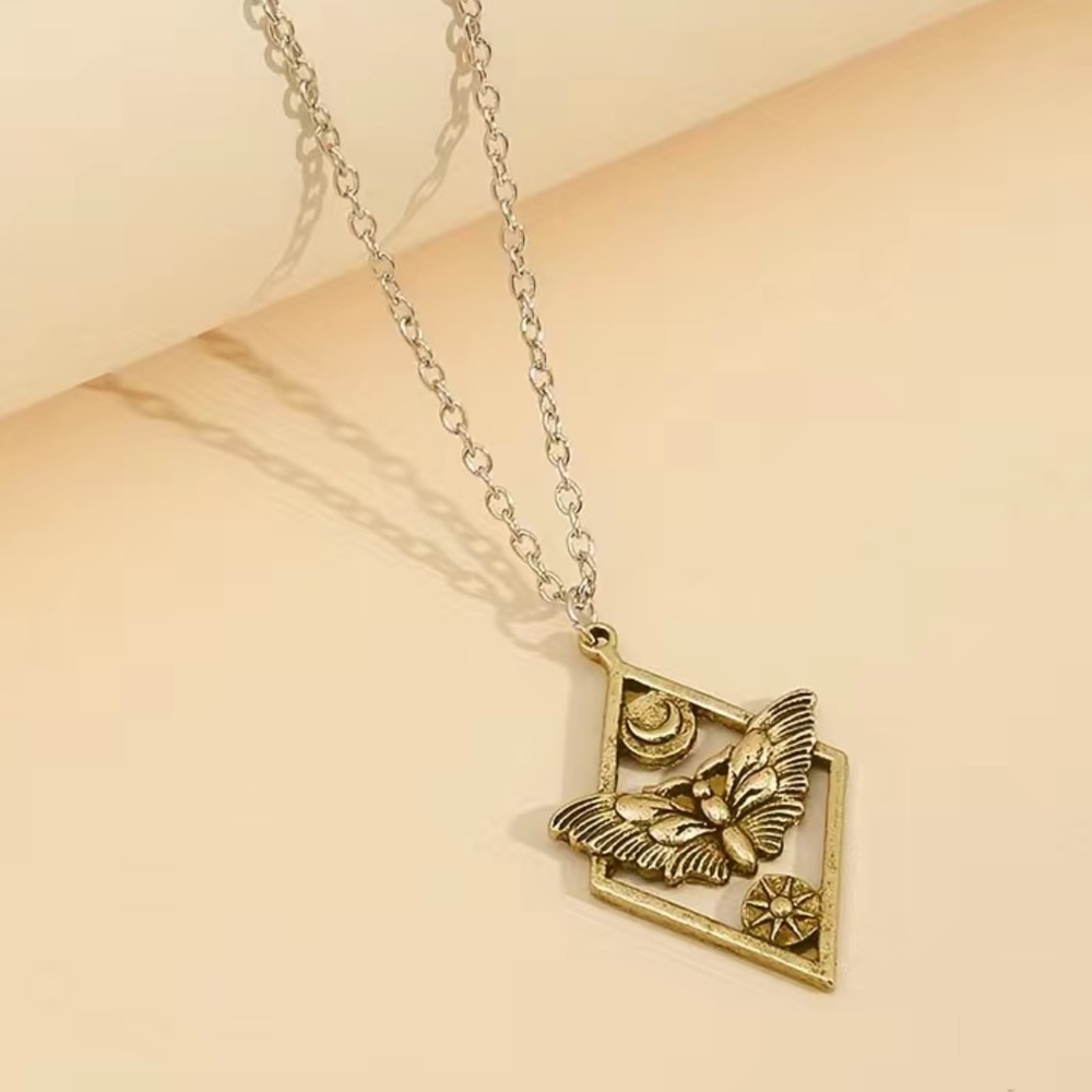 Moth Sun + Moon Diamond Necklace - Antiqued Brush